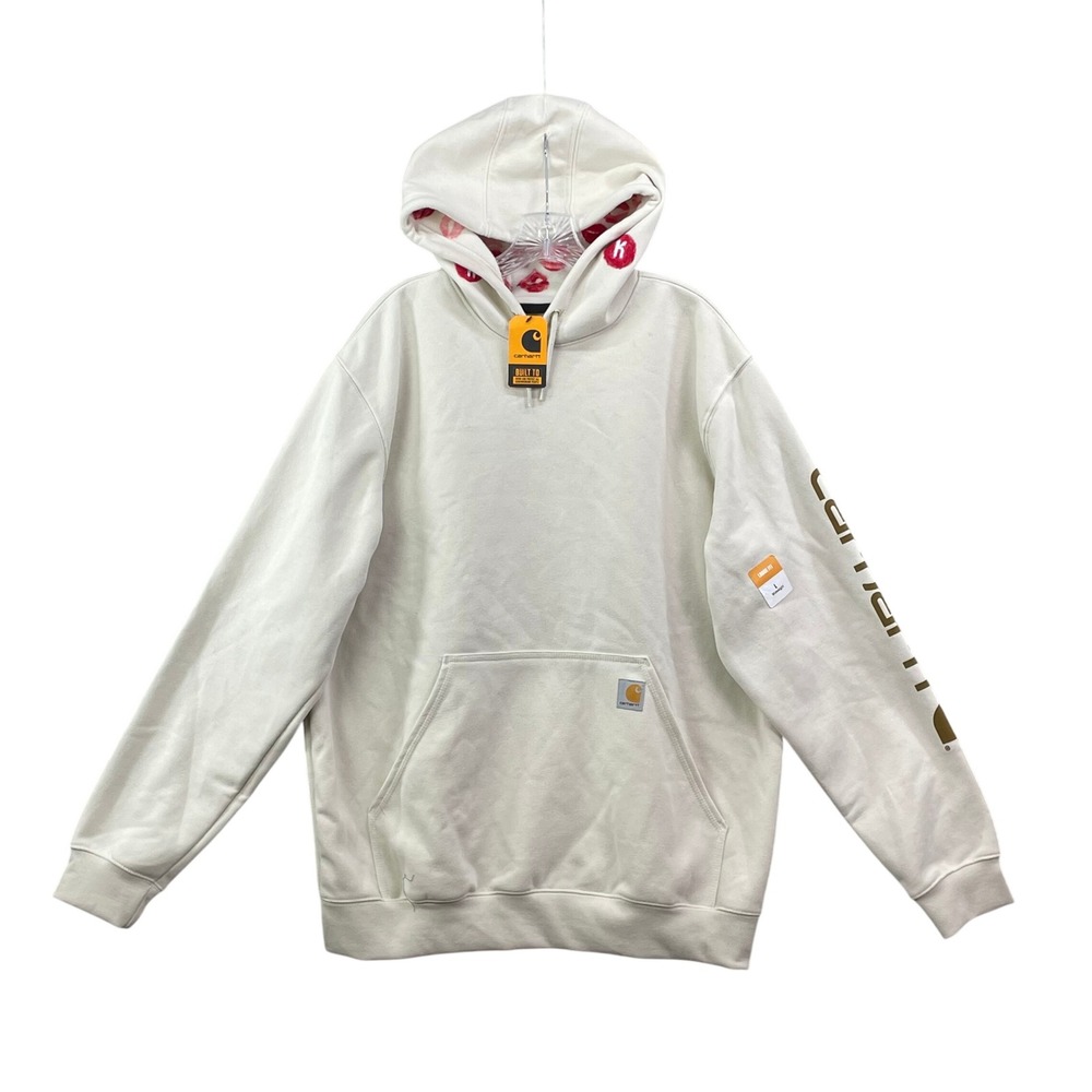 Carhartt Hoodie Men's Large Cream Logo Sleeve Midweight Loose Fit Gym Workwear